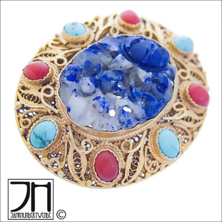 Filigrane China Silber Brosche Lapislazuli Koralle Türkis vergoldet silver coral
