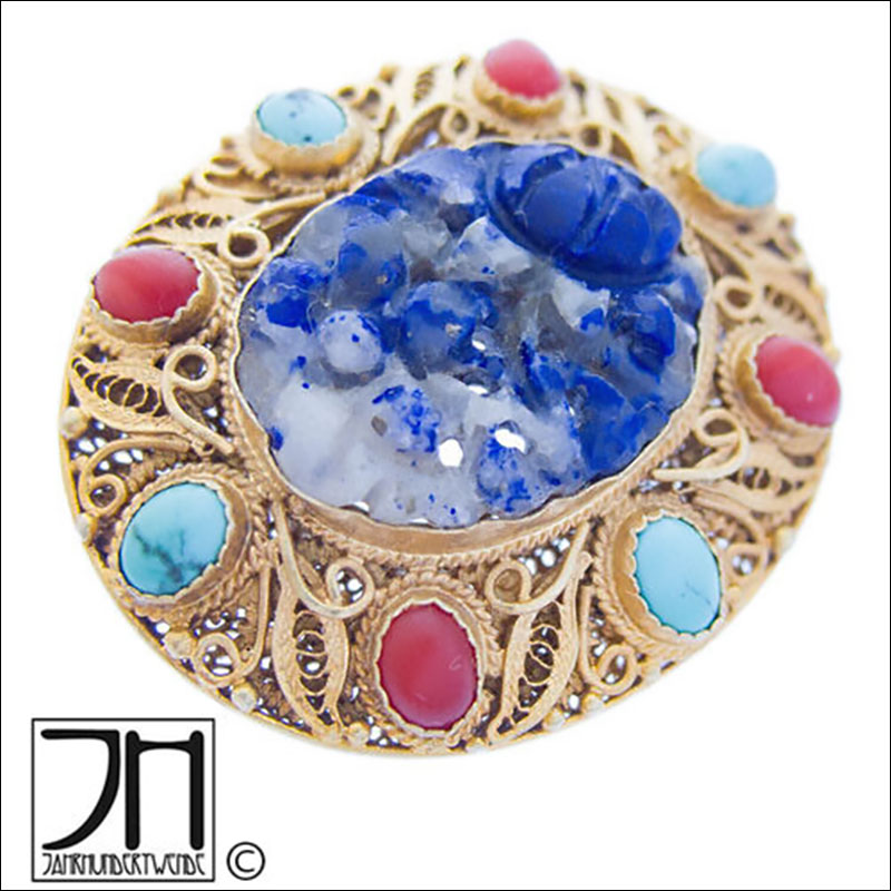 Filigrane China Silber Brosche Lapislazuli Koralle Türkis vergoldet silver coral
