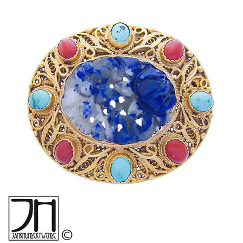 Filigrane China Silber Brosche Lapislazuli Koralle Türkis vergoldet silver coral