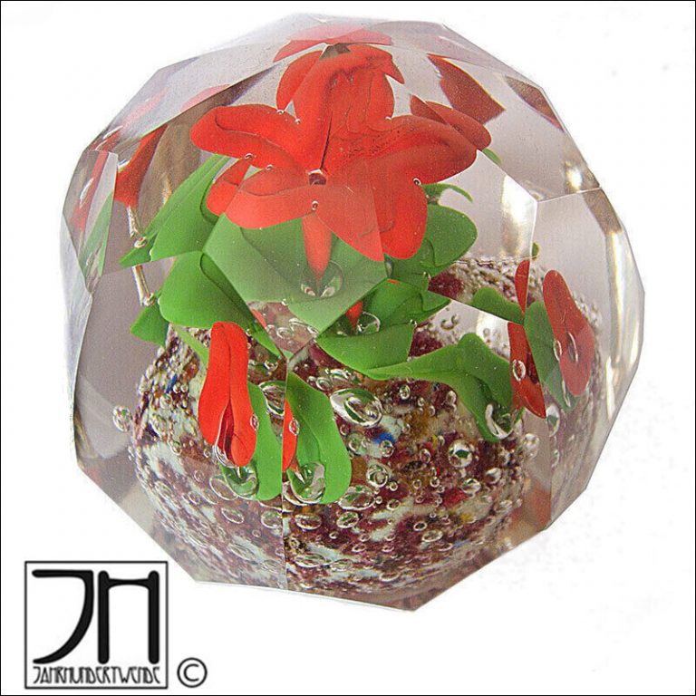 Paperweight Glas Briefbeschwerer Blumen Böhmen facettiert Rot czech glass