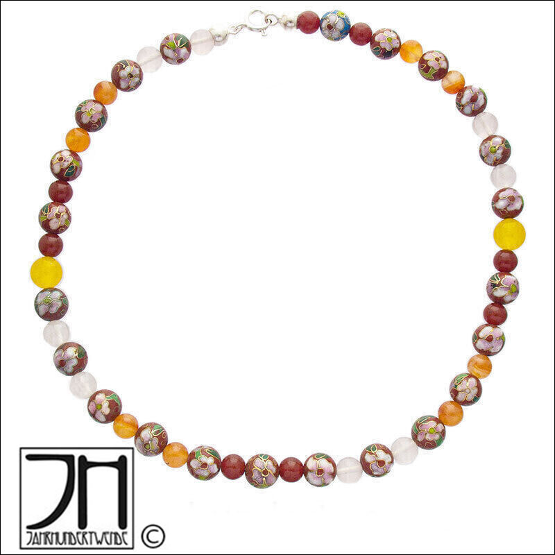 Rosenquarz Karneol Jade Cloisonné Emaille Collier Halskette enamel