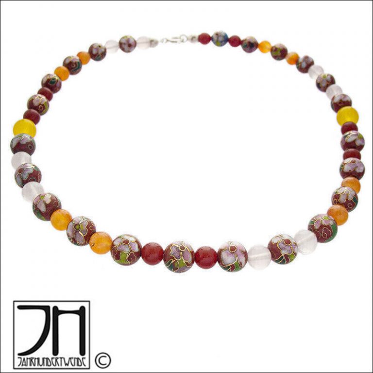 Rosenquarz Karneol Jade Cloisonné Emaille Collier Halskette enamel