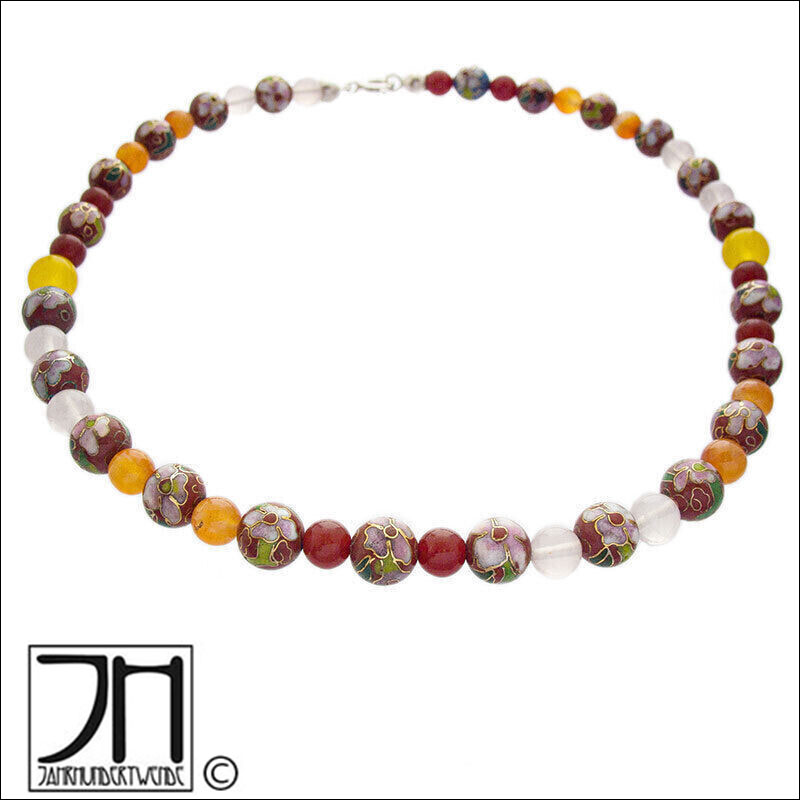 Rosenquarz Karneol Jade Cloisonné Emaille Collier Halskette enamel
